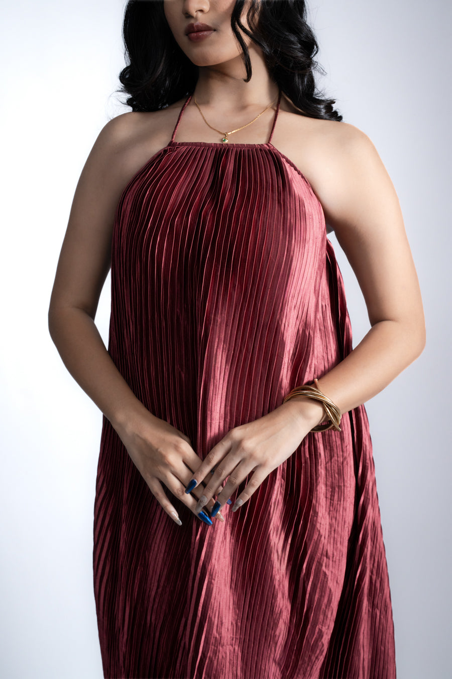 Wine Pleated Halter Midi Dress