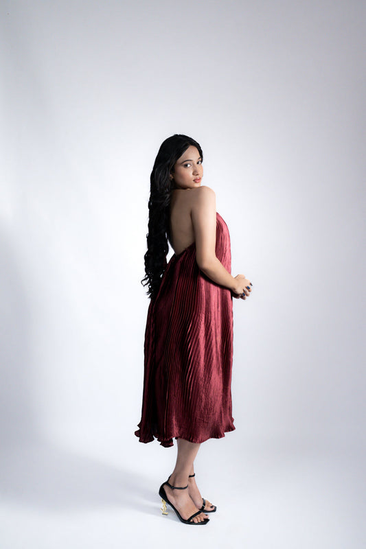 Wine Pleated Halter Midi DressĀ