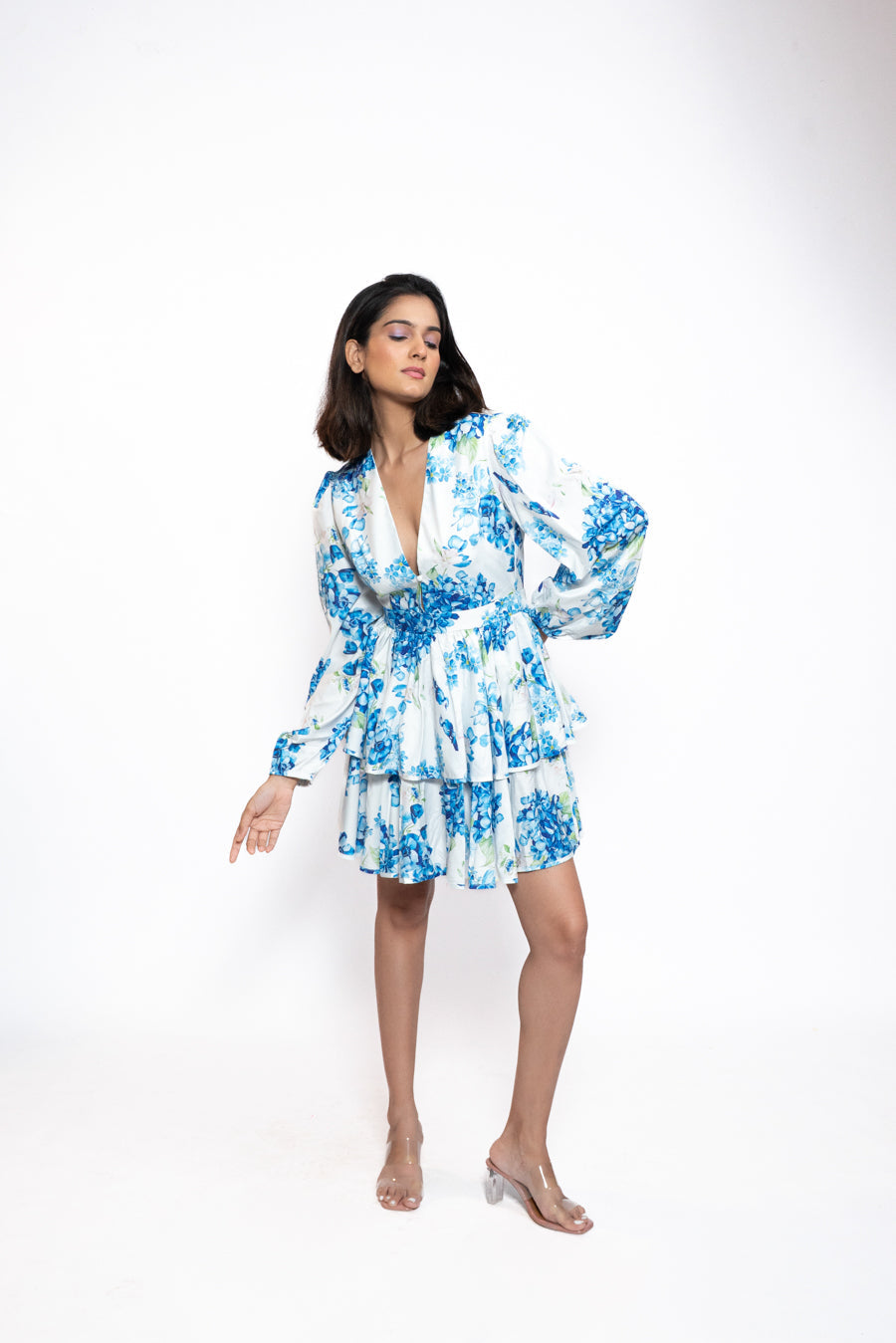 Blue Floral Tiered Mini Dress 