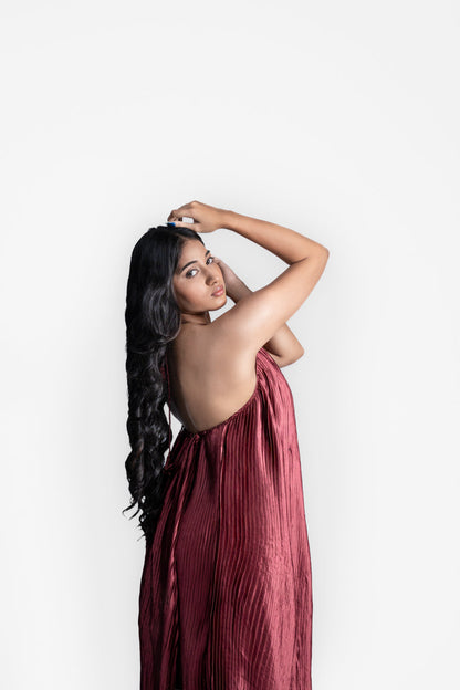 Wine Pleated Halter Midi Dress 