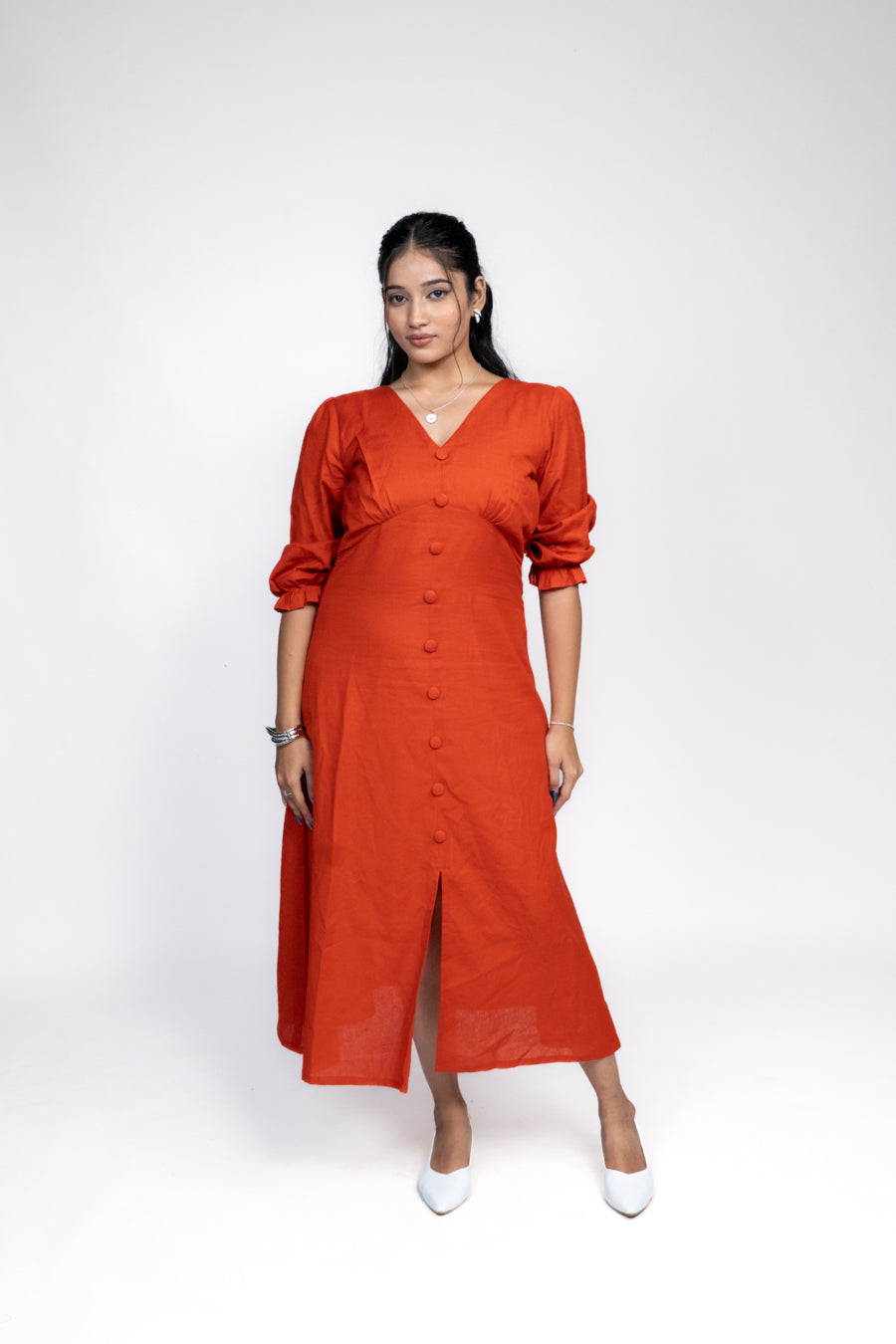 Rust Button-Down Midi Dress 