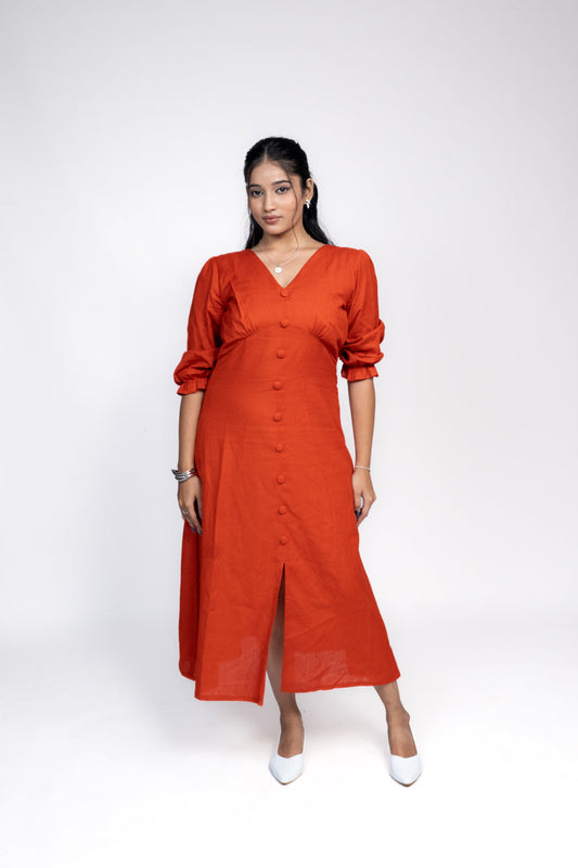 Rust Button-Down Midi Dress 